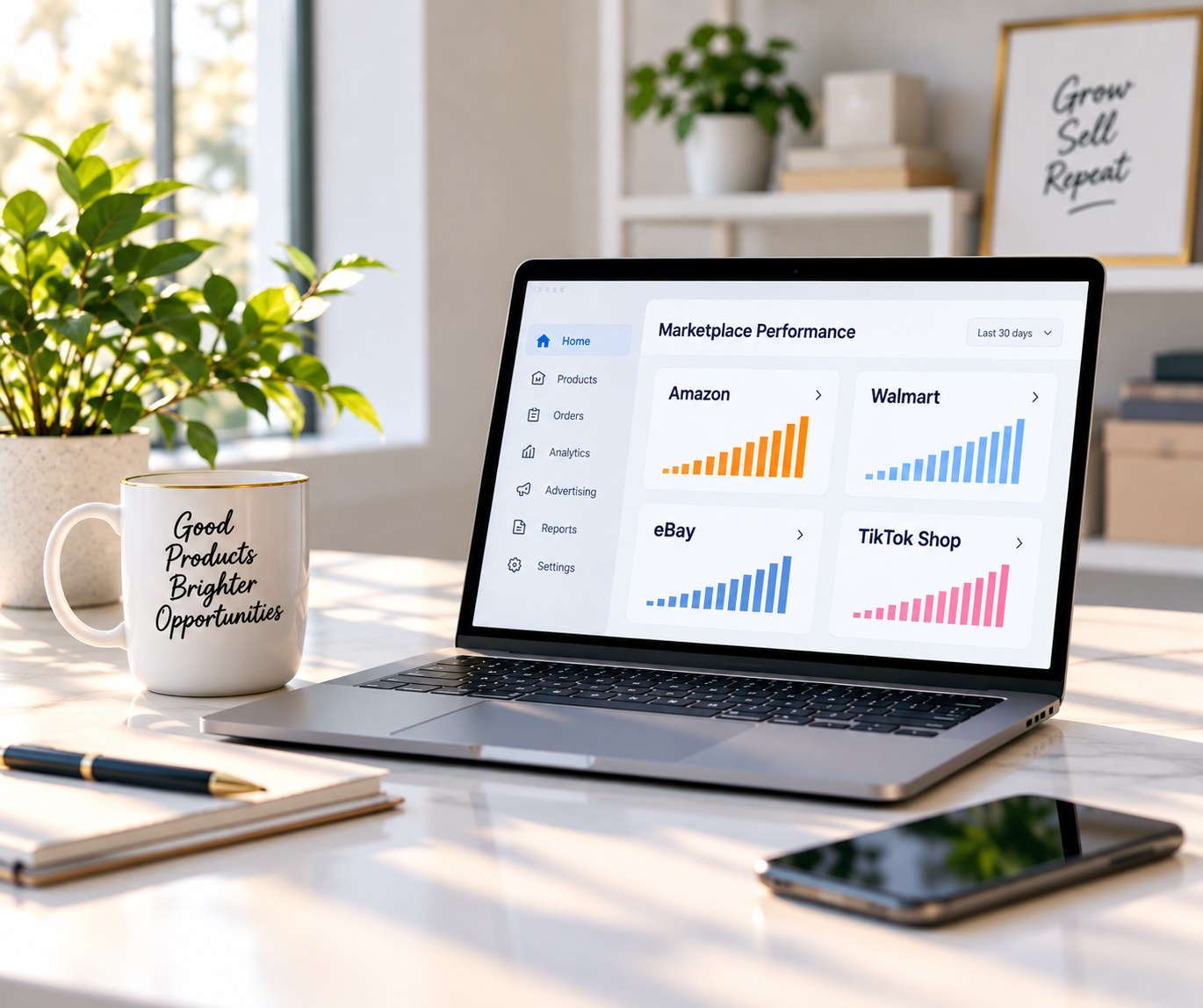 Laptop showing marketplace performance across Amazon, Walmart, eBay, and TikTok Shop